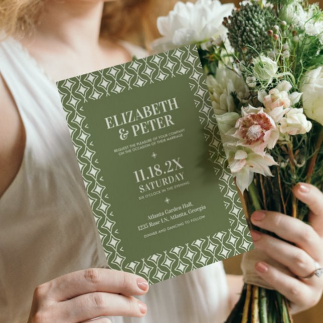 Green Retro 70s Geometric Wedding Invitation (Creator Uploaded)