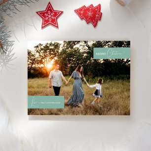 Green Retro Boho Minimalist Family News Photo Holiday Card