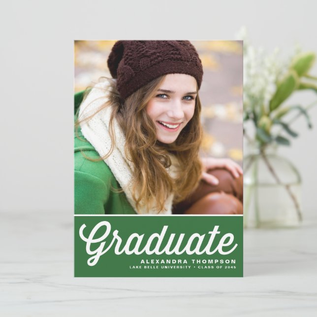 Green Retro Bold Typography Photo Graduation Invitation (Standing Front)