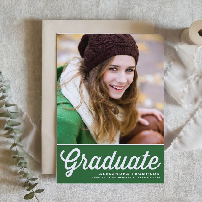 Green Retro Bold Typography Photo Graduation Invitation (Personalized Graduation Invitation with Retro Lettering on Green Background – Customizable Photo)