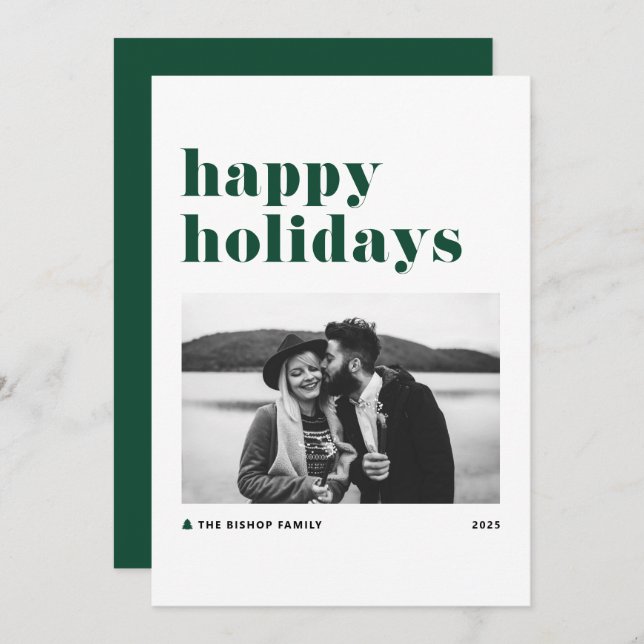 Green Retro Bold Typography Photo Happy Holidays Holiday Card (Front/Back)