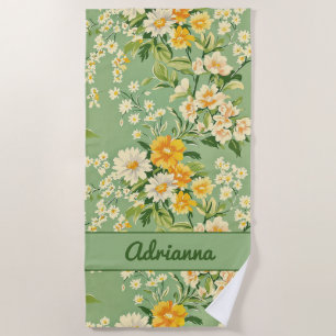 Green Retro Floral  Beach Towel