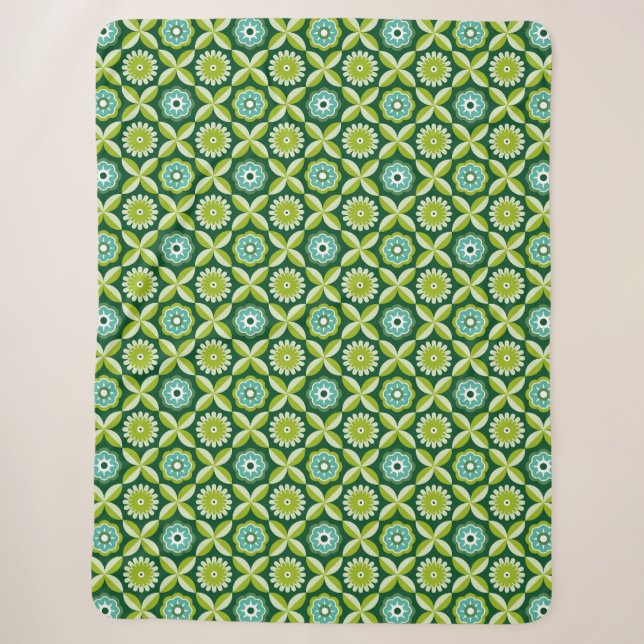 Green retro flowers sherpa blanket (Front)