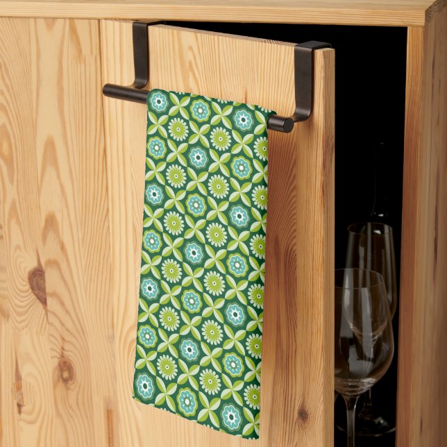 Green retro flowers tea towel (Thirds Fold)