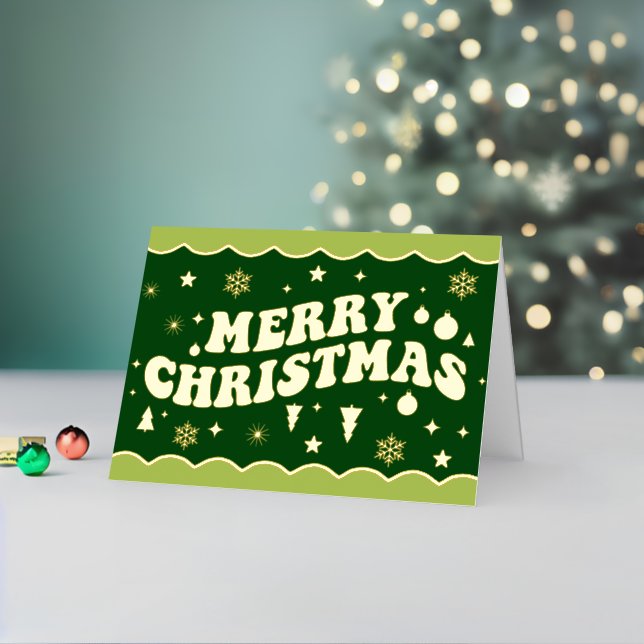Green Retro Groovy Merry Christmas Foil Holiday Card (Holiday In Situ 2)