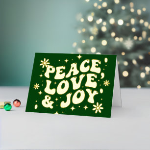 Green Retro Groovy Peace Love Joy Christmas Foil Holiday Card