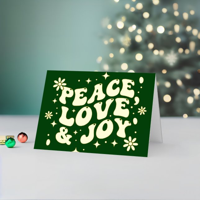 Green Retro Groovy Peace Love Joy Christmas Foil Holiday Card (Holiday In Situ 2)