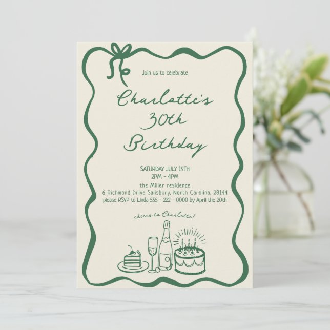 GREEN RETRO HAND DRAWN 30th Birthday Invitation (Standing Front)