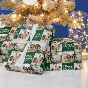 Green Retro Merry Christmas Family 3 Photo Collage Wrapping Paper