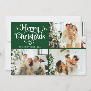 Green Retro Merry Christmas Family Photo Collage Holiday Card