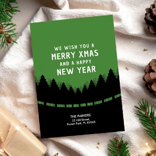 Green retro Merry Xmas with forest Card
