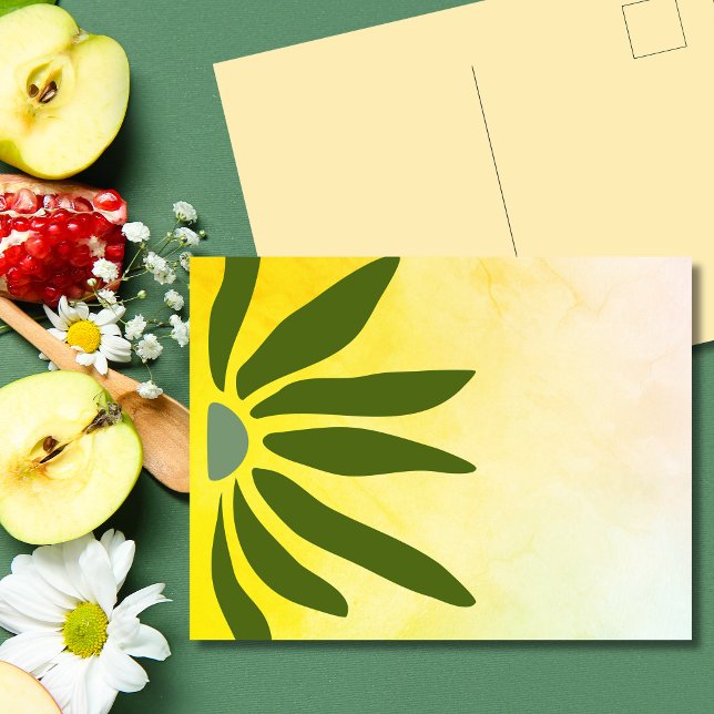 Green Retro Mod Geometric Flower Postcard (Earthy olive petals with a bright watercolor twist.)