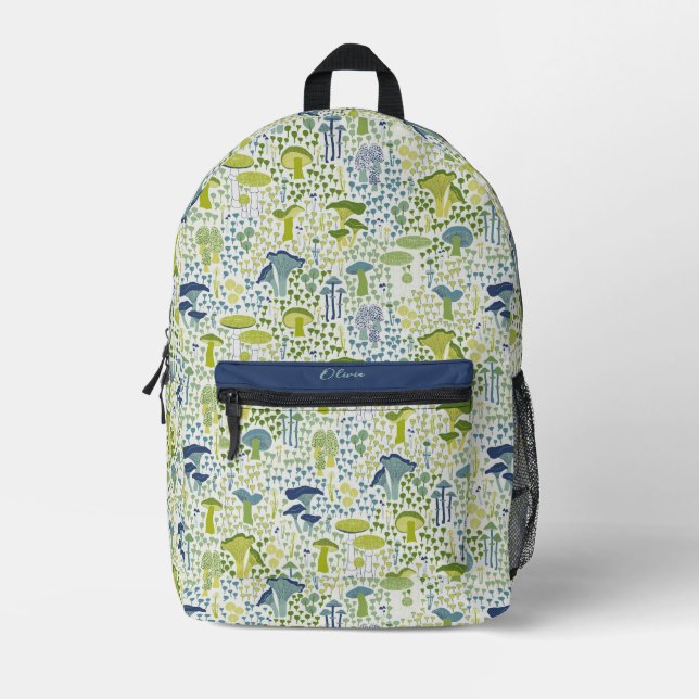 Green Retro Mushroom Printed Backpack (Front)