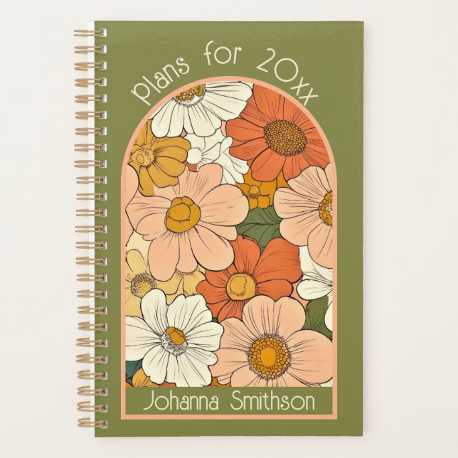 Green Retro Orange Groove Floral Small Planner (Front)