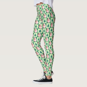 Green Retro Santa Claus Christmas Tree Plaid Leggings