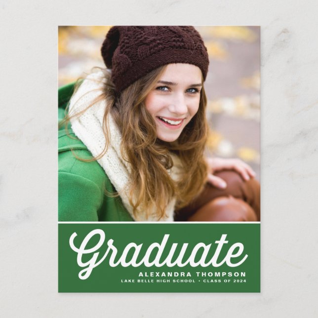 Green Retro Script Class of 2022 Photo Graduation Announcement Postcard (Front)