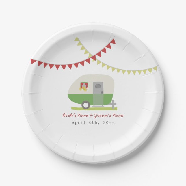 Green Retro Trailer Wedding Paper Plate (Front)