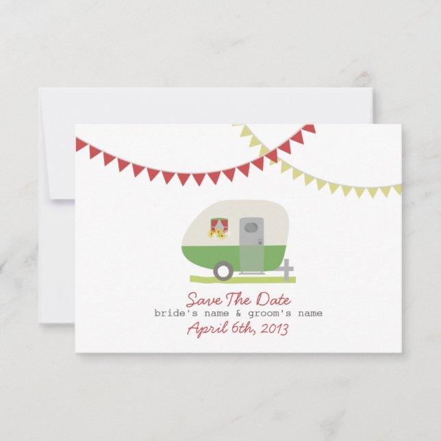 Green Retro Trailer & Wedding Save The Date (Front)