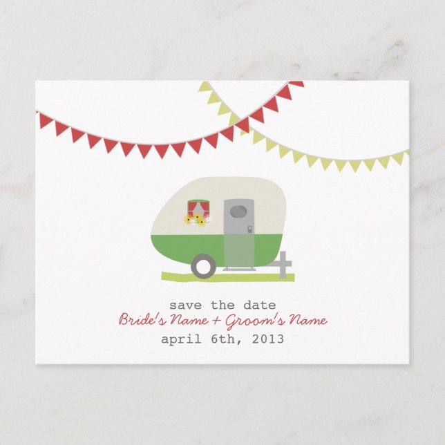 Green Retro Trailer Wedding Save The Date Postcard (Front)