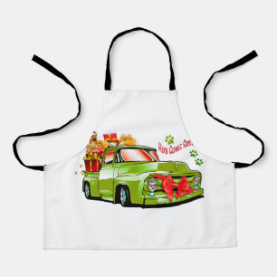 Green retro truck with gifts and dogb apron