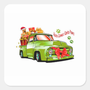 Green retro truck with gifts and dogb square sticker
