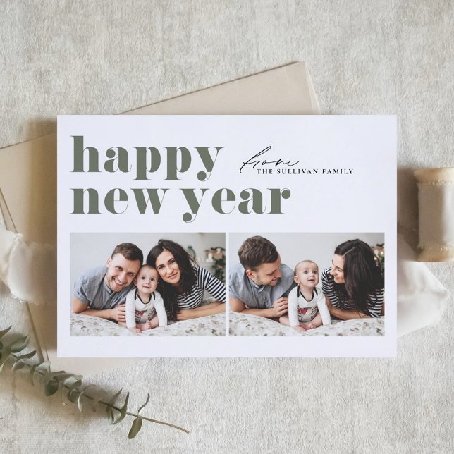 Green Retro Typography Happy New Year Two Photo Holiday Card (Taupe Green Retro Typography Happy New Year Two Photo Holiday Card)