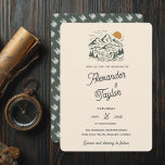 Green Retro Vintage Mountain Landscape Wedding Invitation<br><div class="desc">A fun and modern illustrated mountain wedding invitation card in cream white, dark green and a bit of orange, featuring an illustration of a rustic mountain landscape with trees and the sun, modern script font for the spouse's names and a fun tree pattern on the dark green backer. Fully customisable...</div>