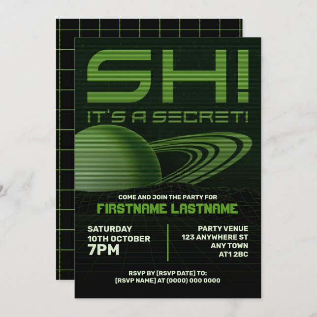 Green Retrowave Surprise Birthday Party Invite (Front/Back)