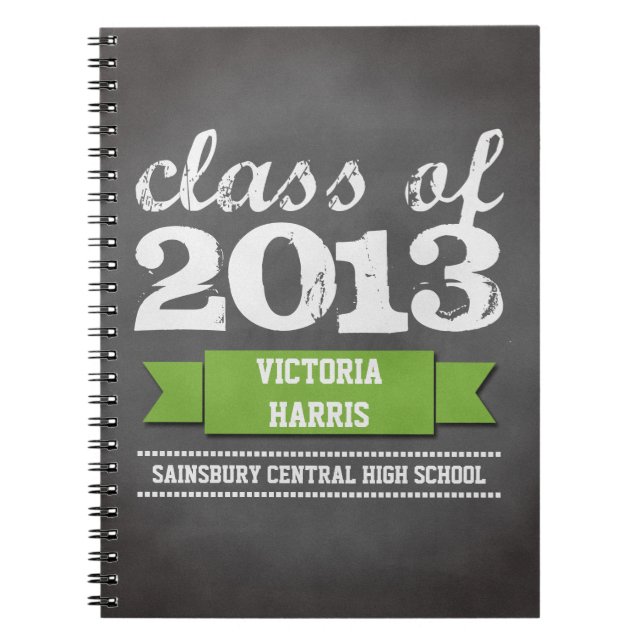 Green ribbon banner chalkboard graduation student spiral notebook (Front)