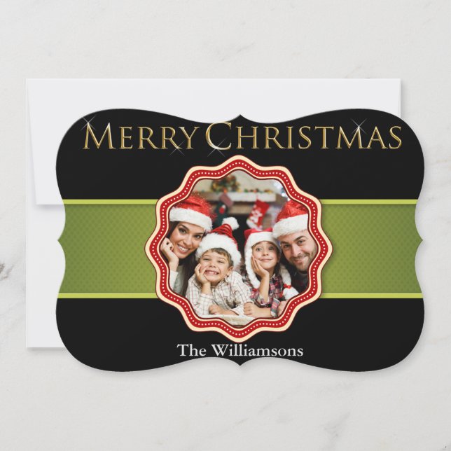 Green Ribbon Christmas Medallion Fancy Photo Holiday Card (Front)
