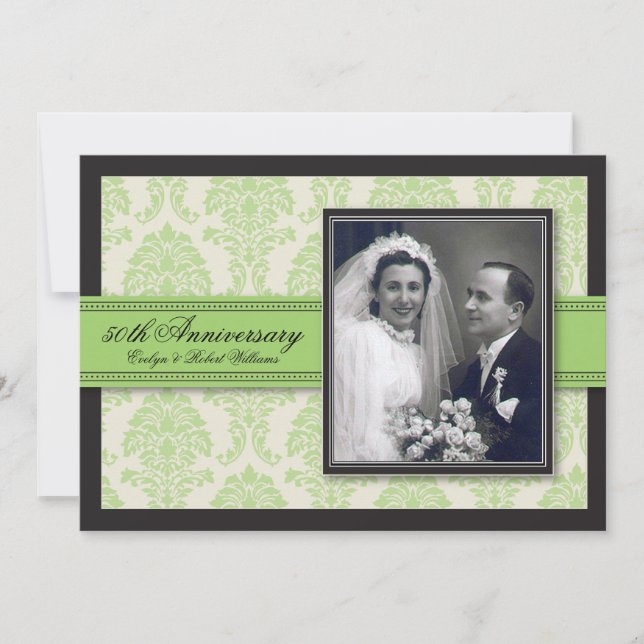 Green Ribbon Damask Anniversary Party Invitation (Front)