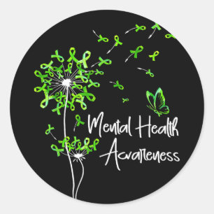 Green ribbon dandelion butterfly mental healthGree Classic Round Sticker