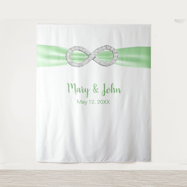 Green Ribbon Diamond Infinity Wedding Backdrop Tapestry (Front)