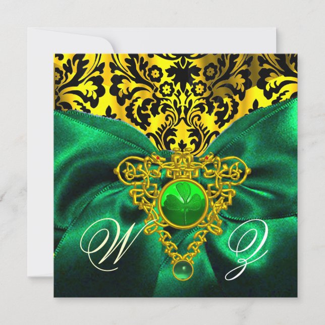 GREEN RIBBON GOLD CELTIC HEART DAMASK MONOGRAM INVITATION (Front)