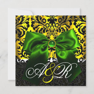 GREEN RIBBON GOLD YELLOW  BLACK  DAMASK MONOGRAM INVITATION