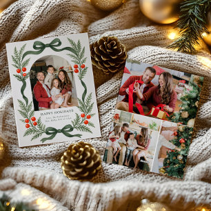 Green Ribbon Holiday Card with Photo Grid on Back
