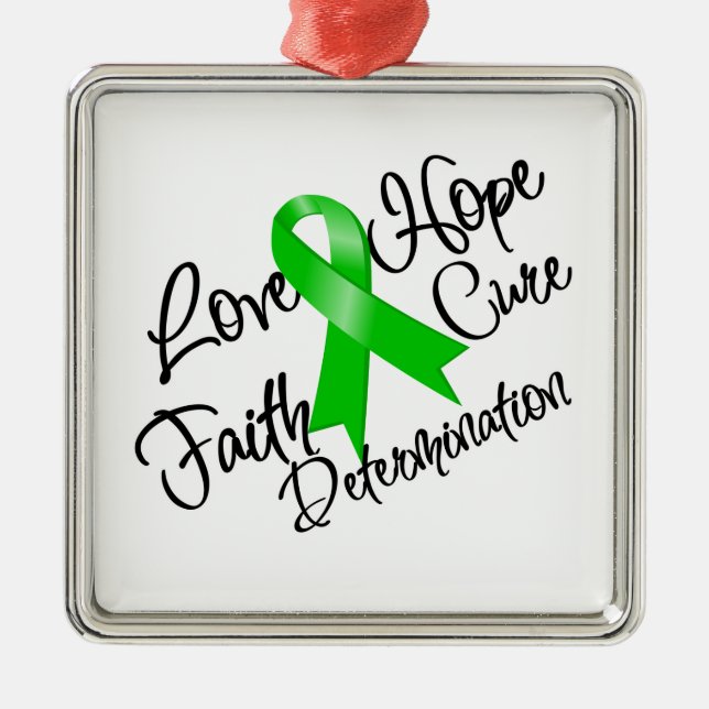 Green Ribbon Love Hope Determination Metal Tree Decoration (Front)