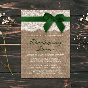 Green Ribbon On Burlap & Lace Thanksgiving Dinner Invitation