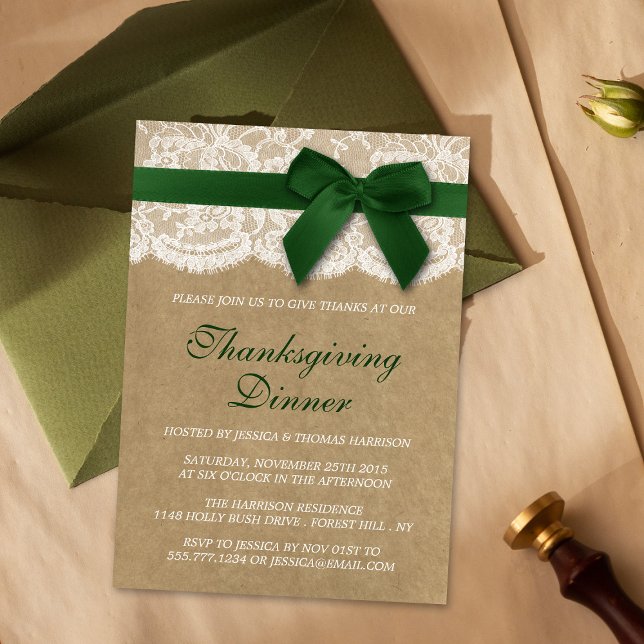 Green Ribbon On Kraft & Lace Thanksgiving Dinner Invitation (Creator Uploaded)