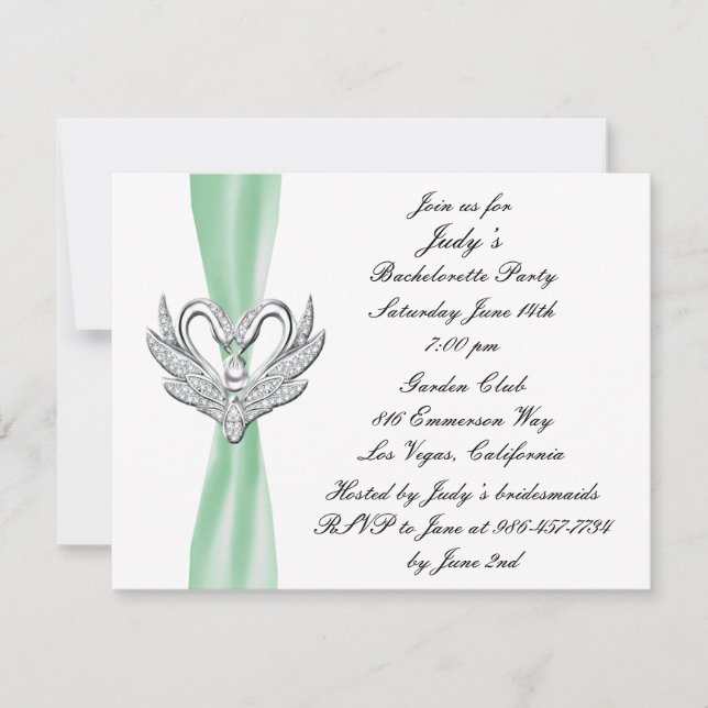 Green Ribbon Silver Swan Bachelorette Party Invite (Front)