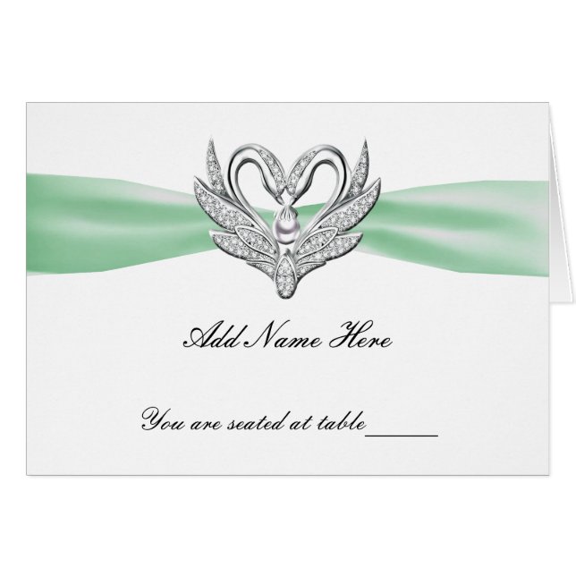 Green Ribbon Silver Swans Folded Table Place Card (Front Horizontal)