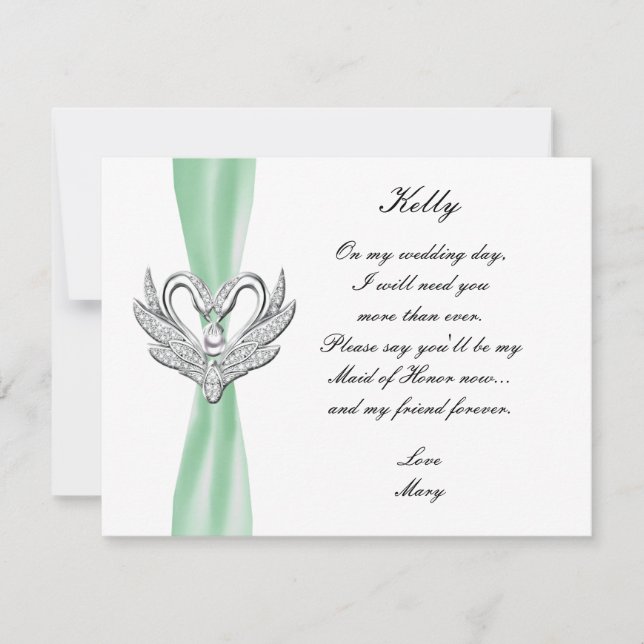 Green Ribbon Silver Swans Maid Of Honour Card (Front)