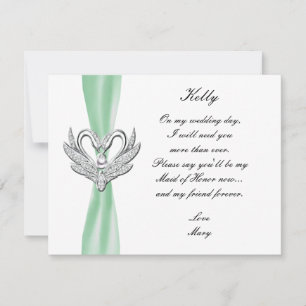 Green Ribbon Silver Swans Maid Of Honour Card