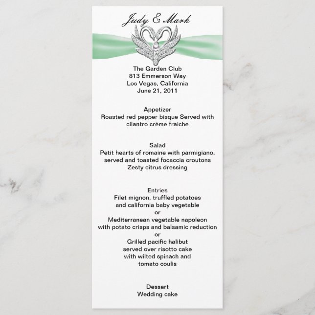 Green Ribbon Silver Swans Menu Card (Front)