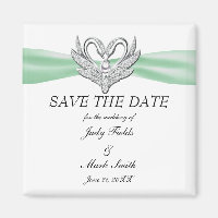 Green Ribbon Silver Swans Save The Date Magnet