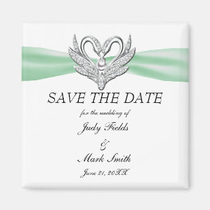Green Ribbon Silver Swans Save The Date Magnet