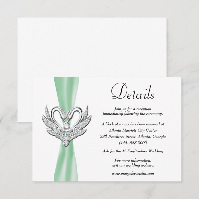 Green Ribbon Silver Swans Wedding Details Enclosure Card (Front/Back)