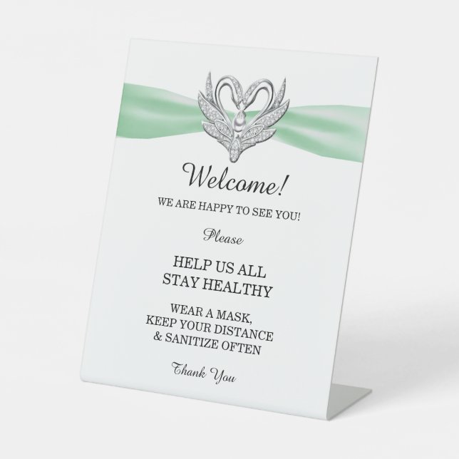 Green Ribbon Silver Swans Wedding Safety  Pedestal Sign (Front)