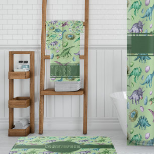 Green Roaring Jurassic Dinosaur with Name Bath Mat