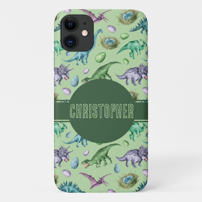 Green Roaring Jurassic Dinosaur with Name Case-Mate iPhone Case (Back)
